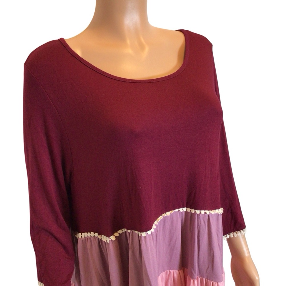 Adara 1X Babydoll Tunic Top Crochet Trim Boho Colorblock Rayon NWOT - Picture 3 of 7